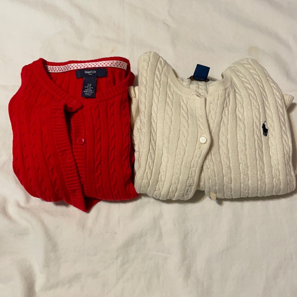 2 cardigans. Red is Gap and Cream is Polo